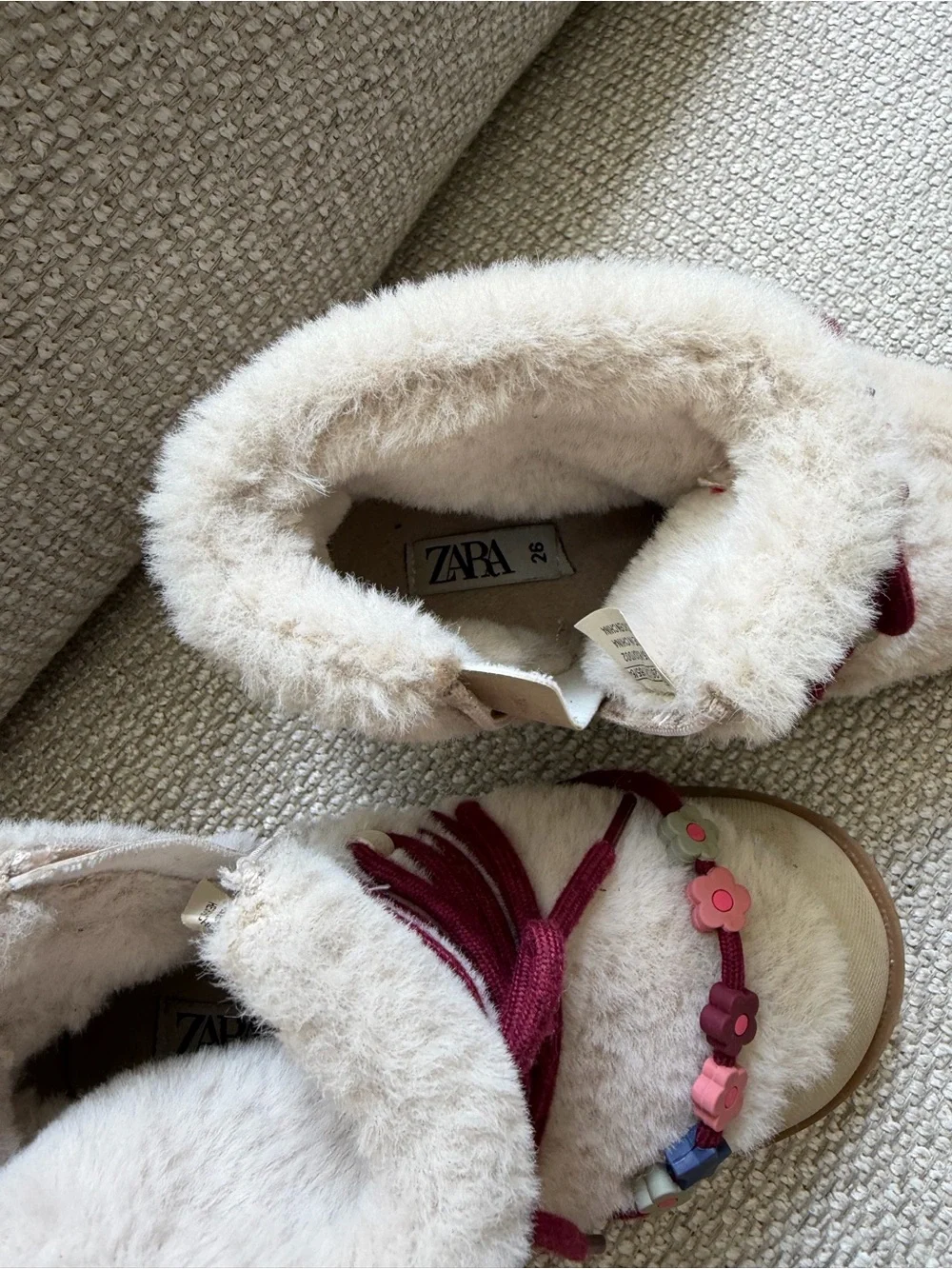 Zara Beige Faux-Fur Kids Boot with Burgundy Laces and Flower Trim- NEVER WORN